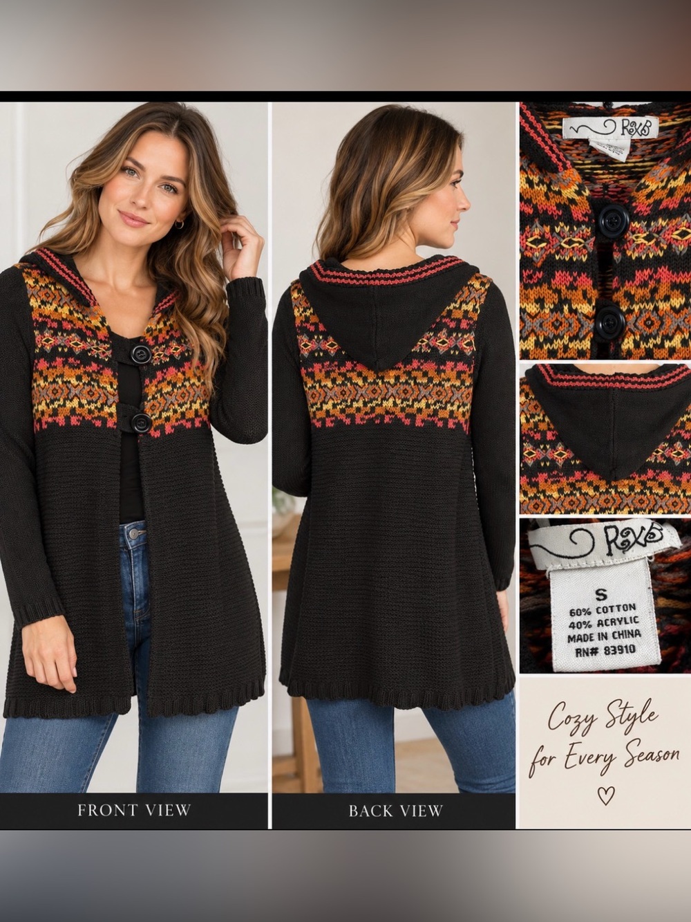 R&K Originals Black Fair Isle Hooded Knit Cardigan Sweater Size Small